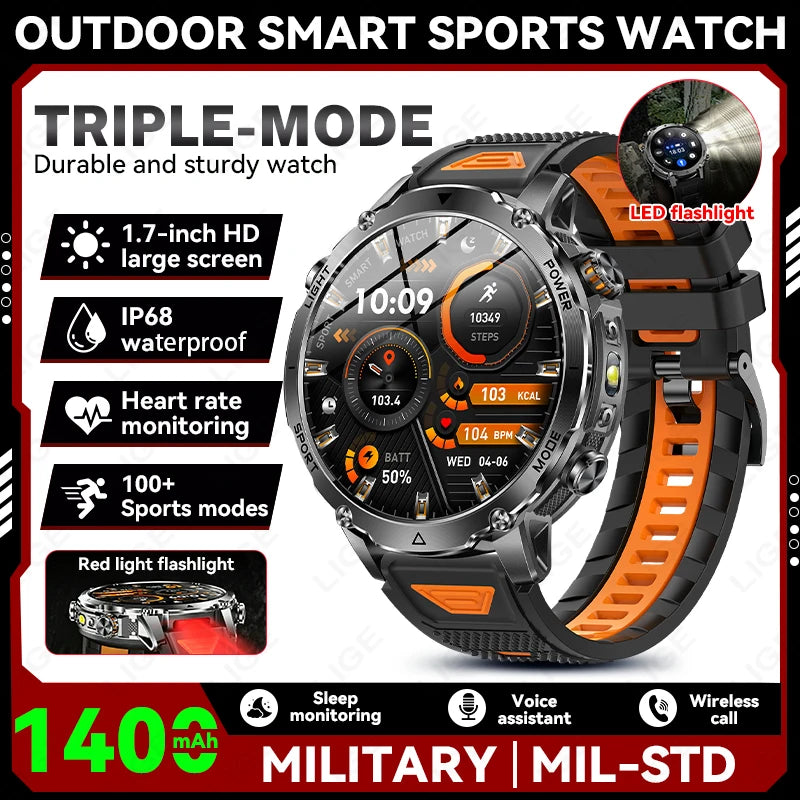 LIGE TANK Ultra 1400mAh Battery Military Smart Watch 10ATM Waterproof Heart Rate Flashlight Sports Bracelet Smartwatch Men Lady