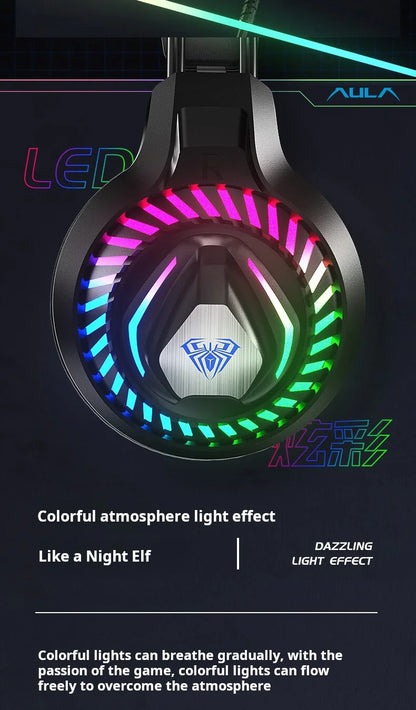 AULA S605 Wired Gaming Headset 50mm Driver Dual 3.5mm+USB RGB Bass for PC/Laptop/PS4/Over-Ear Headphones