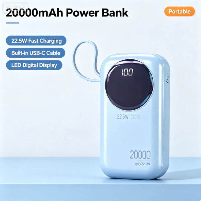 CCC Certified 20000mAh Mini Power Bank, 22.5W PD Fast Charging Built-in Cable, Portable Charger for iPhone Samsung Airplane Safe