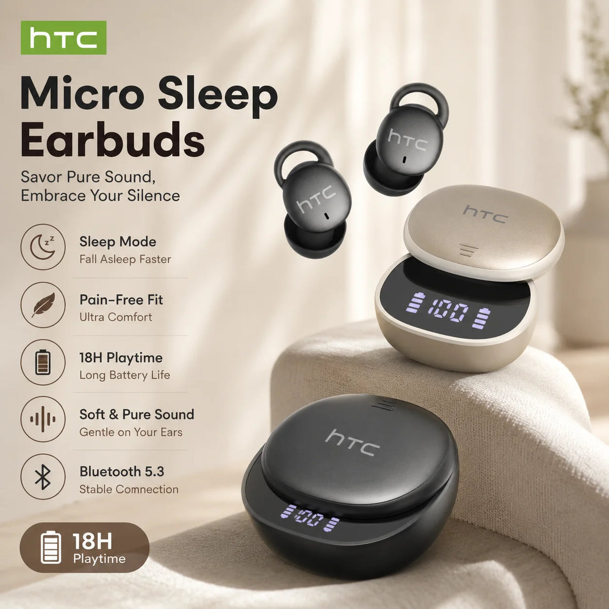 HTC NE97 Micro Sleep Wireless Earbuds Bluetooth 5.3 Pain-Free Fit 18H Playtime Soft Sound Side-Sleep Friendly Earphones