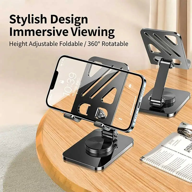 Mobile Phone Stand - Metal Desk Stand - 360° Rotating and Folding Desktop Stand for Easy Storage of Mobile Phones and Tablets