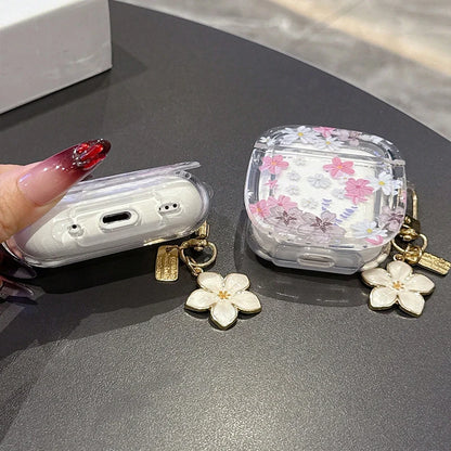 Pink Flowers Pattern Wireless Bluetooth Case for AirPods 4 3 1/2 AirPod Pro and Pro2 Case TPU  Headset Protective Cover with Hoo