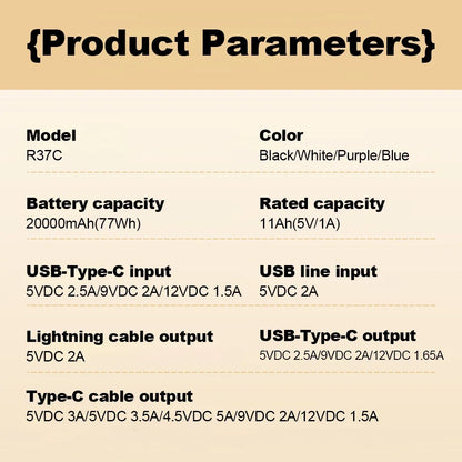CCC Certified 20000mAh Mini Power Bank, 22.5W PD Fast Charging Built-in Cable, Portable Charger for iPhone Samsung Airplane Safe