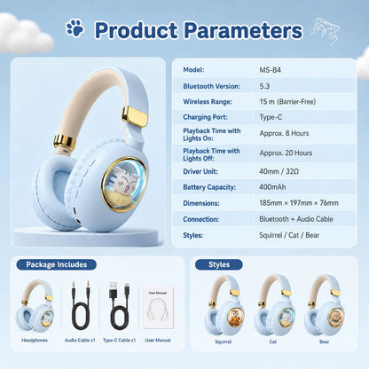 Kids Wireless Headphones with RGB light, 20H Battery Life, Transparent Capsule Cartoon Design, Bluetooth 5.3 Foldable Headset