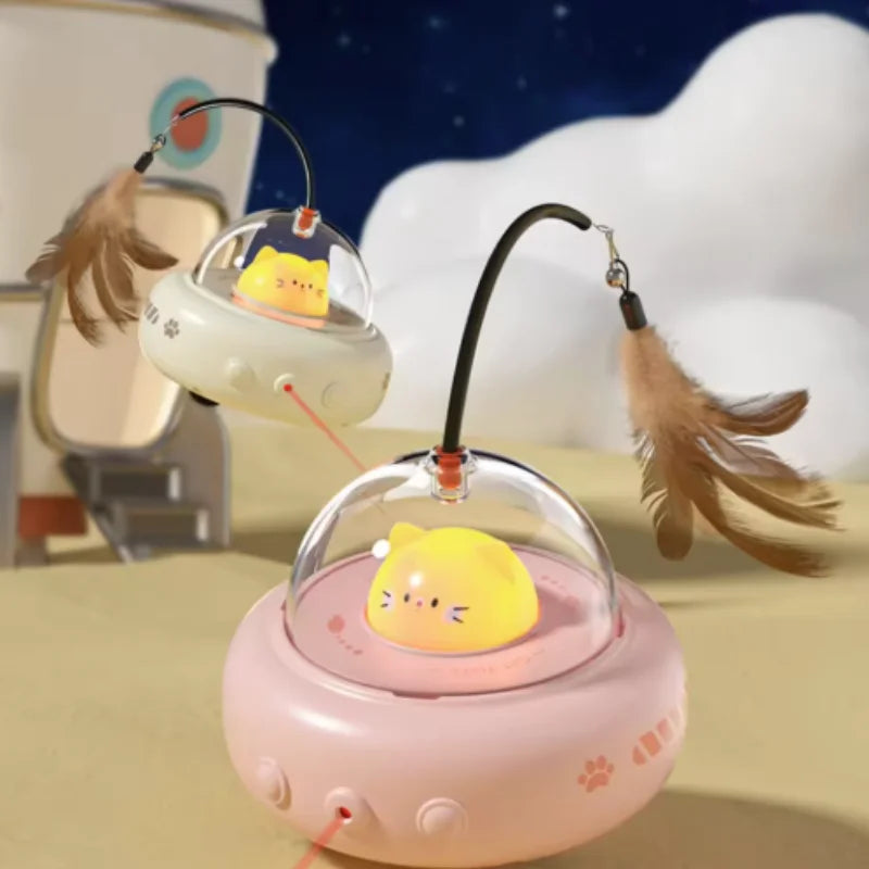 Electric UFO Smart Teaser Cat Toy with Bell Interactive Pet Teaser Stick Replaceable Feather Design for Training And Interactive