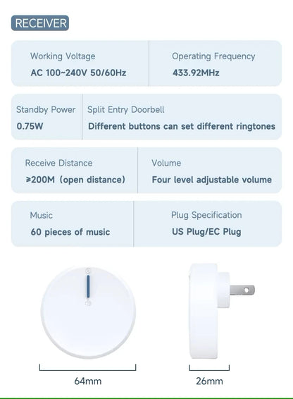 Outdoor Waterproof Circular Self Generating Wireless Doorbell Compatible With Ac 110v-240v Us/Eu Plug Ultra Long Distance Caller