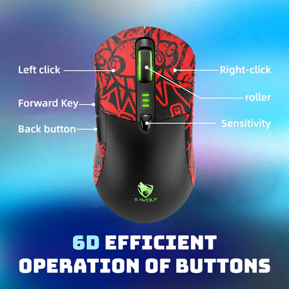 T-WOLF Tri Mode Gaming Mouse Wireless RGB Backlit 12800 DPI 2.4G Bluetooth Type-C Rechargeable Red Ergonomic 1000Hz