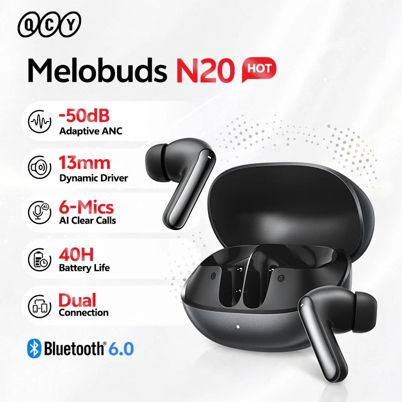 QCY Melobuds N20 BH25HT20A Wireless Bluetooth 6.0 Earphone -50dB Adaptive ANC 13mm Drivers Headsets 6 Mics HD Calls Earbud 40Hrs