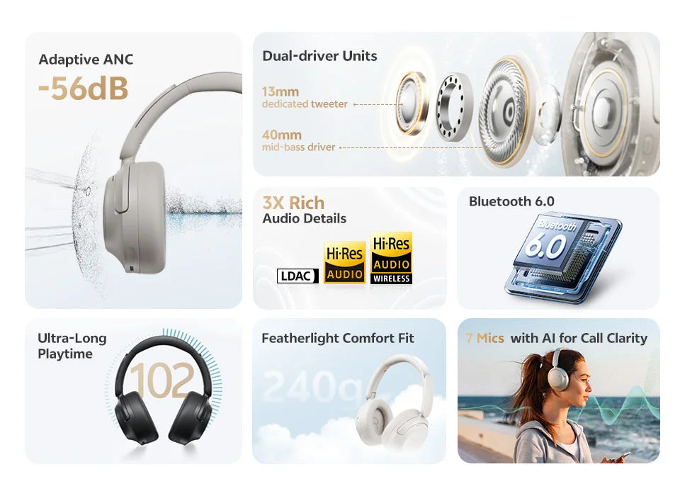 QCY Wireless Bluetooth 6.0 BH25H3SA Headphone 3D Spatial Audio Earphone -56dB Adaptive ANC 53mm Driver Foldable Over Ear Headset