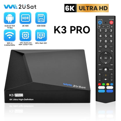 We2uSat K3 Pro 6K HDR Android 10.0 TV Box H.265 10bit Build in WiFi-6 2.4GHz/5GHz+BT 5.0,4GB+32GB Comparison With Vseebox V5 Pro