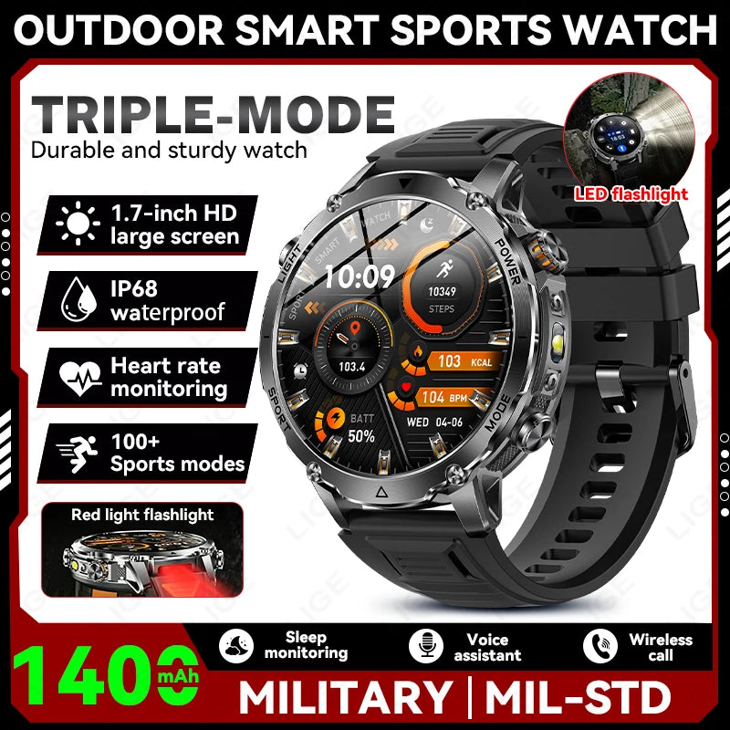 LIGE New 1400mAh Battery Smart Watch Men BT Call Waterproof Heart Rate Monitor Flashlight & SOS Red Light Sports Smartwatch Men