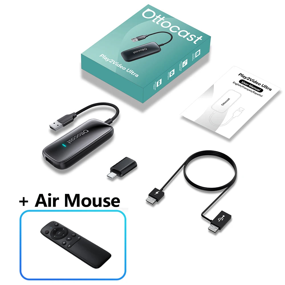 OTTOCAST Play2Video Ultra Carplay Ai Box Wireless Android Auto Adapter Built in Youtube Netflix For VW Benz Ford 99% of Cars