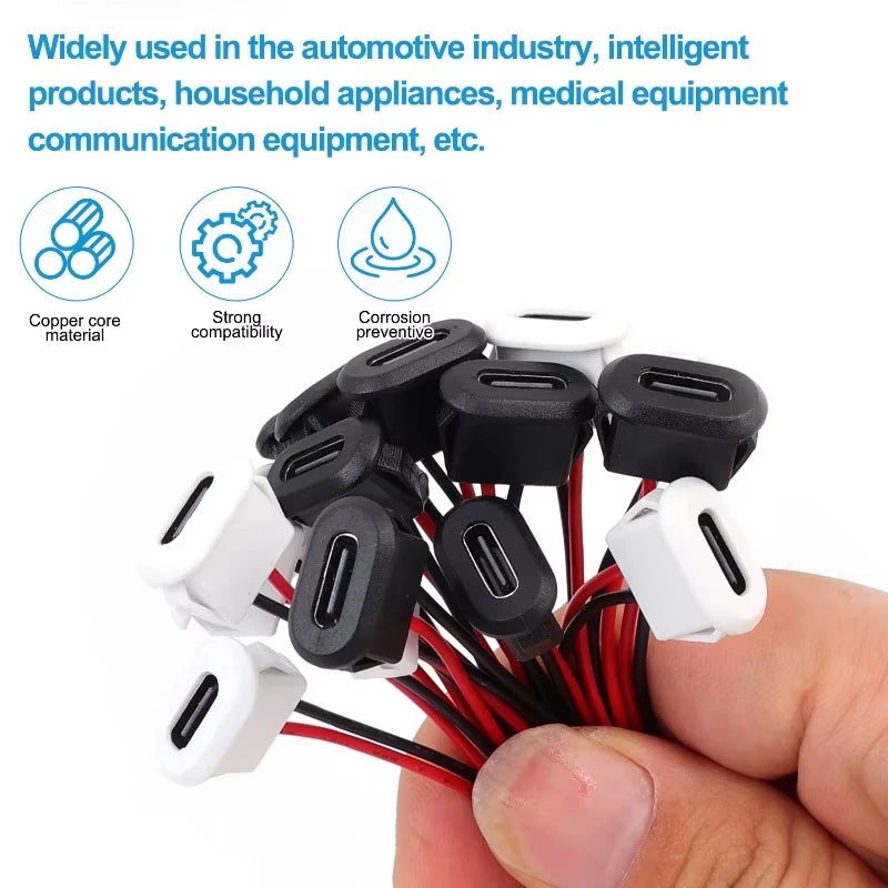 Type C Female Connector Waterproof USB C Female Jack Socket 2 Pin 3A Charging Port Power Cable Extension Direct Crimp Mount