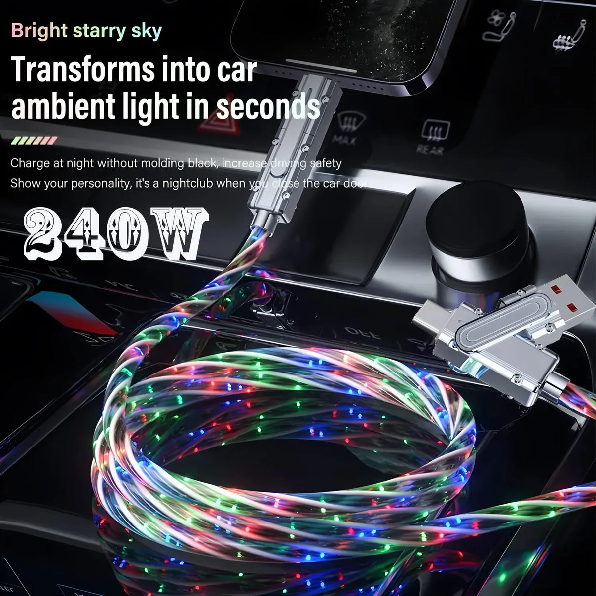 Phone Cable 240W LED Luminous USB Cable 4 in 1 Fast Charging Data Cable for iPhone 14 Pro Max Charger Cables