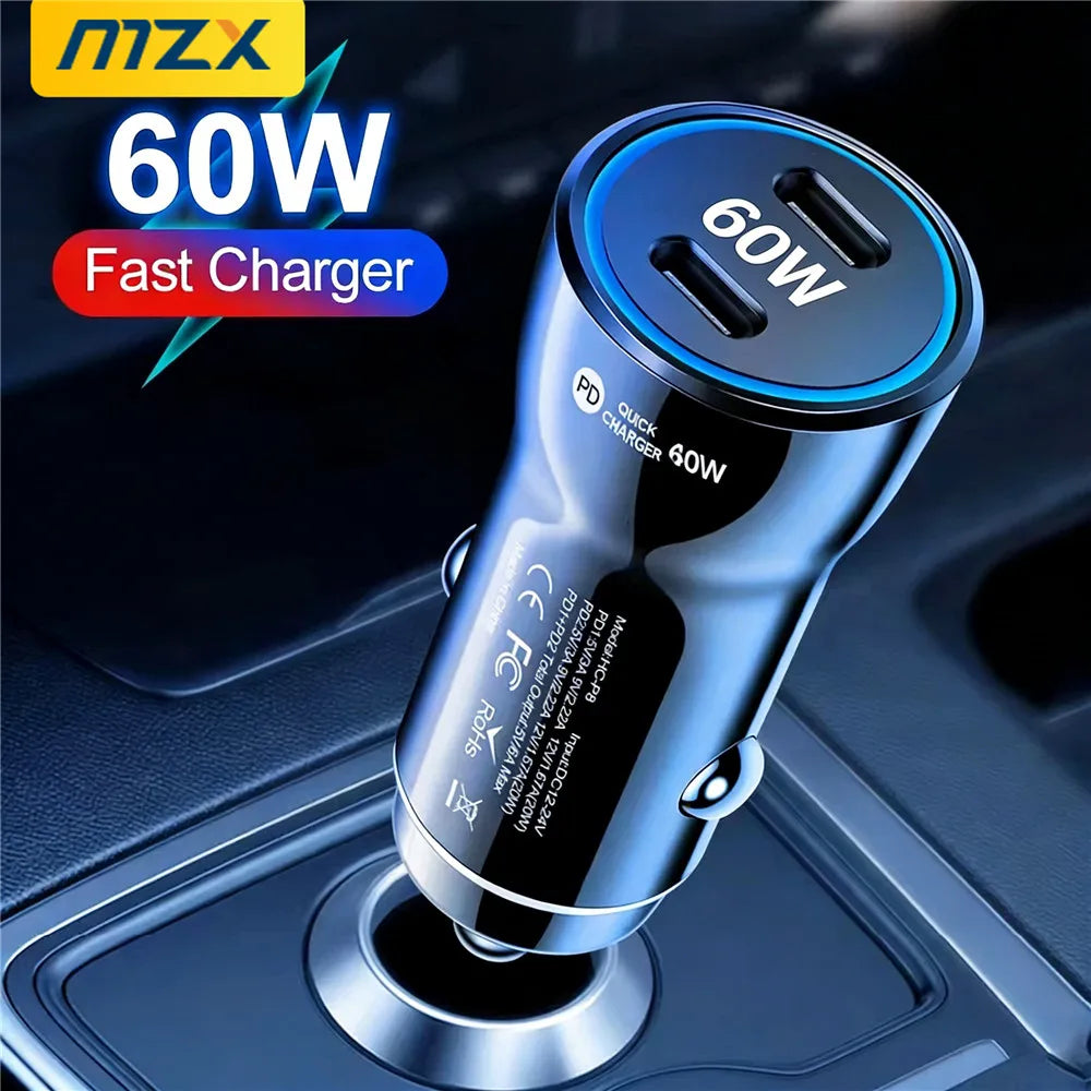MZX 60W 48W 30W Duar Car Charger PD USB A Type C Smart Quick Charge 12V 24V Cigar Lighter Ultra QC 3.0 Charging for Cell Phone