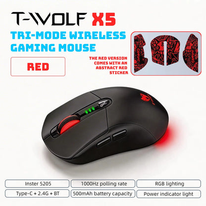 T-WOLF Tri Mode Gaming Mouse Wireless RGB Backlit 12800 DPI 2.4G Bluetooth Type-C Rechargeable Red Ergonomic 1000Hz