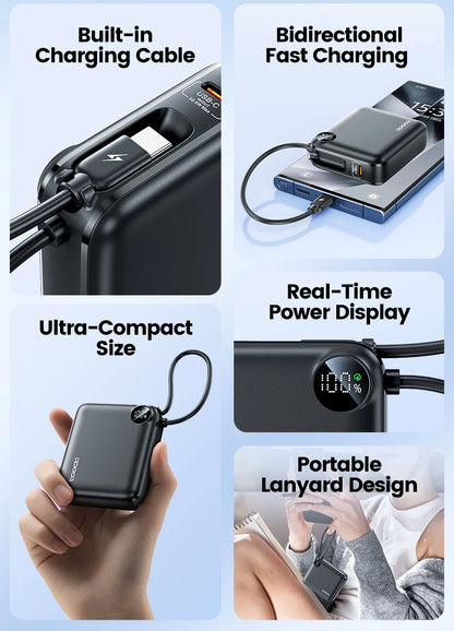 Toocki Portable PowerBank Built-in USB C Cable 10000/20000mAh PD 22.5W Fast Charging Power Bank for iPhone 16 15 14 13 Samsung