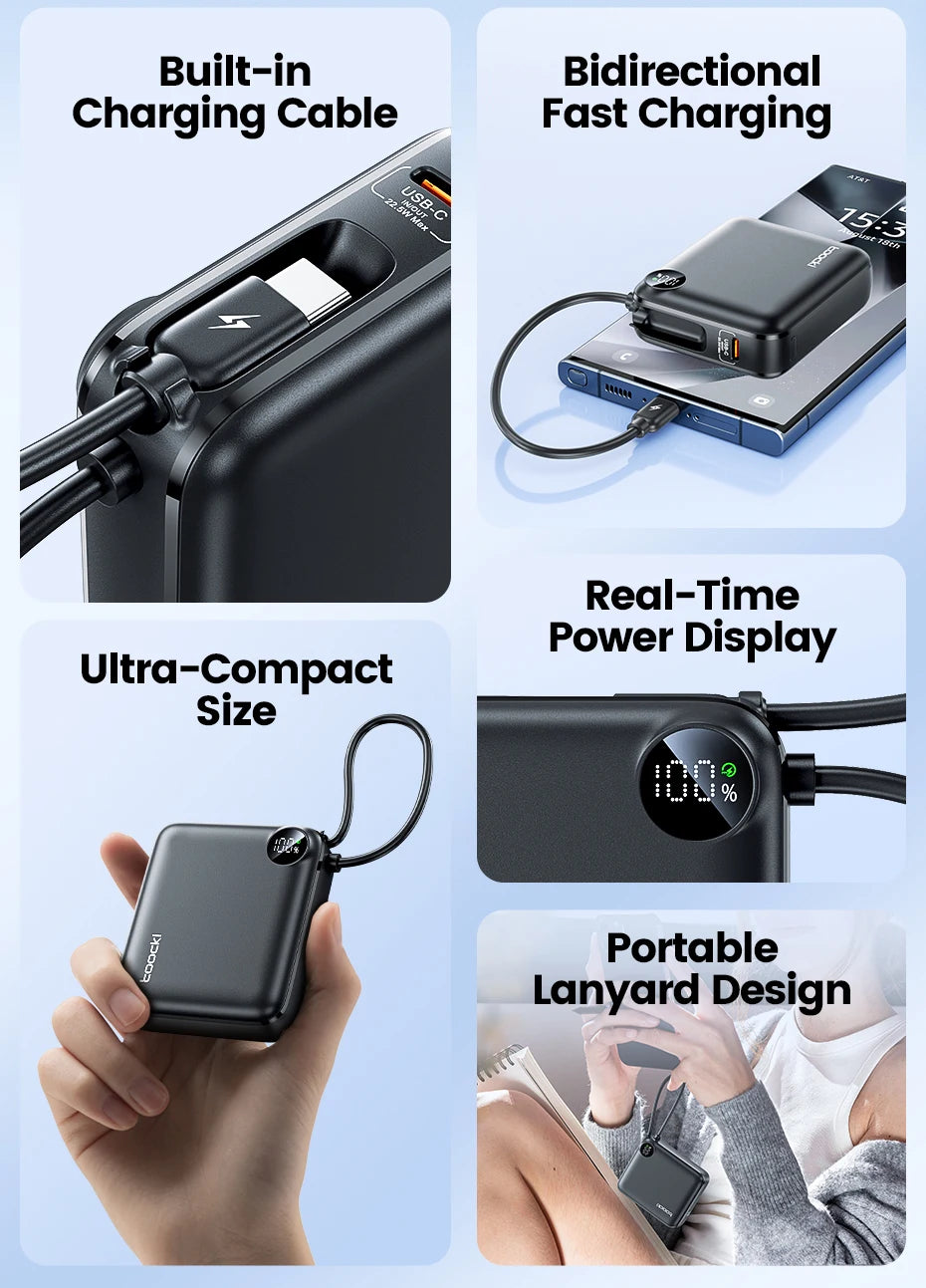 Toocki Portable PowerBank Built-in USB C Cable 10000/20000mAh PD 22.5W Fast Charging Power Bank for iPhone 16 15 14 13 Samsung