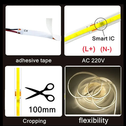 AC220V COB LED Strip Light Flexible Tape Lights Smart IC No Need Driver High Bright 240 LEDs Linear Lighting RA95 Warm White 5m