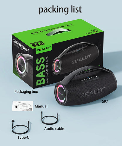 ZEALOT S97 80W Portable Bluetooth Speaker High Volume Waterproof 16000mAh Wireless TWS Subwoofer Suporrt USB/TF/AUX RGB Light.
