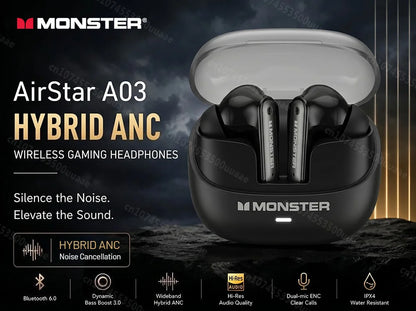 Monster Airstar A03 ANC Bluetooth 6.0 Earbuds Punchy Deep Bass Sports Headphones Active Noise Cancellation TWS Wireless Earphone