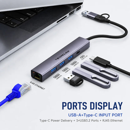 TECHCLAW USB3.2 Hub USB-A+Type-C Dual Input Docking Station 3 USB Ports + RJ45 Gigabit Ethernet LAN Port Type-C Power Supply Lap
