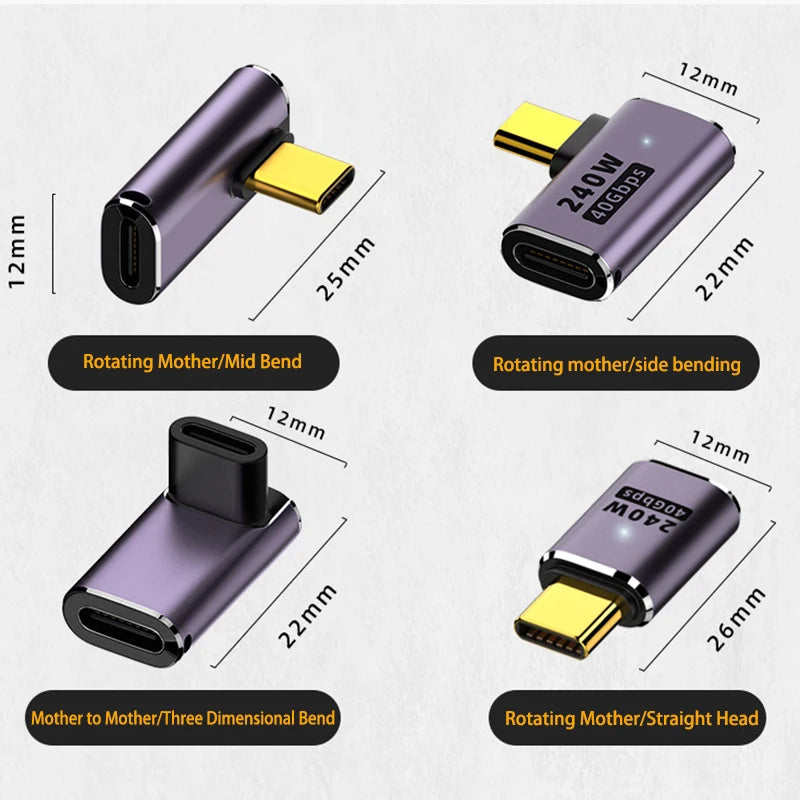 USB 4.0 PD 240W 8K 60Hz Charger Connector for Macbook 40Gbps High Speed USB C OTG U-Shape Straight Angle Male to Female Adapter
