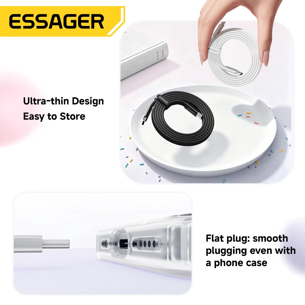 Essager 100W Type C To Type C Cable For iPhone 17 Fast Charging Charger Cord For Macbook Pro Samsung Huawei Ultra-thin Flat Wire