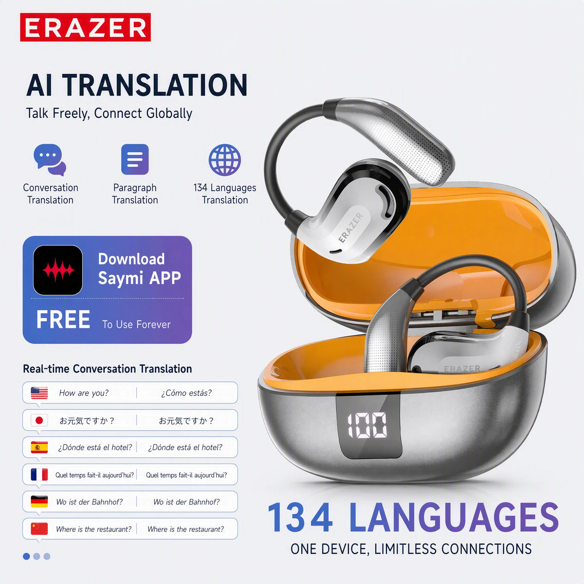 Erazer XT66 Intelligent Translator Earphone Wireless Headphones Bluetooth Earbuds Real-time Translate Equalizer APP Built-in Mic