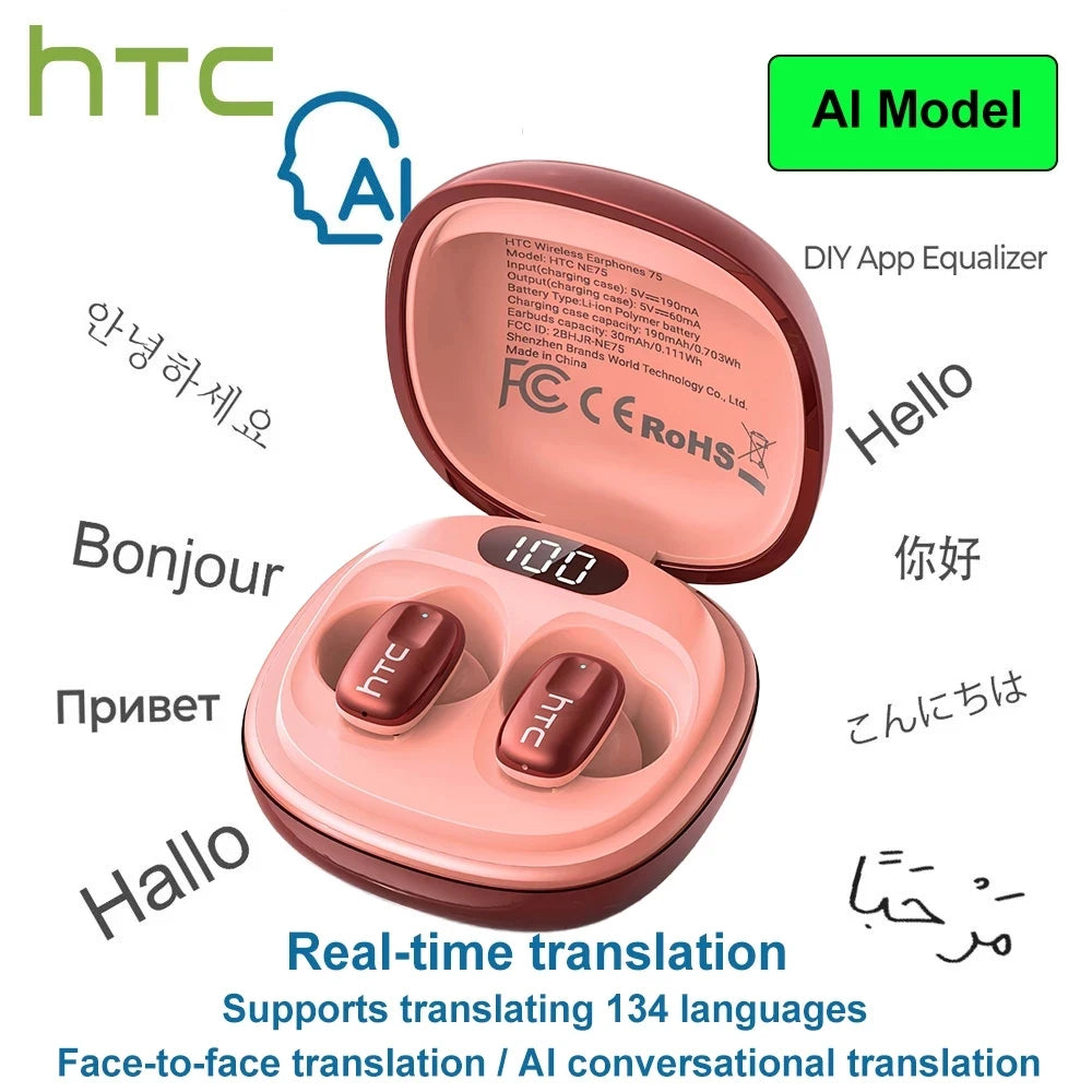 AI Translate Earbuds HTC NE75 Noise Reduction In Ear Wireless Earphone Bluetooth Compatible With Phone Laptop Computer Headphone