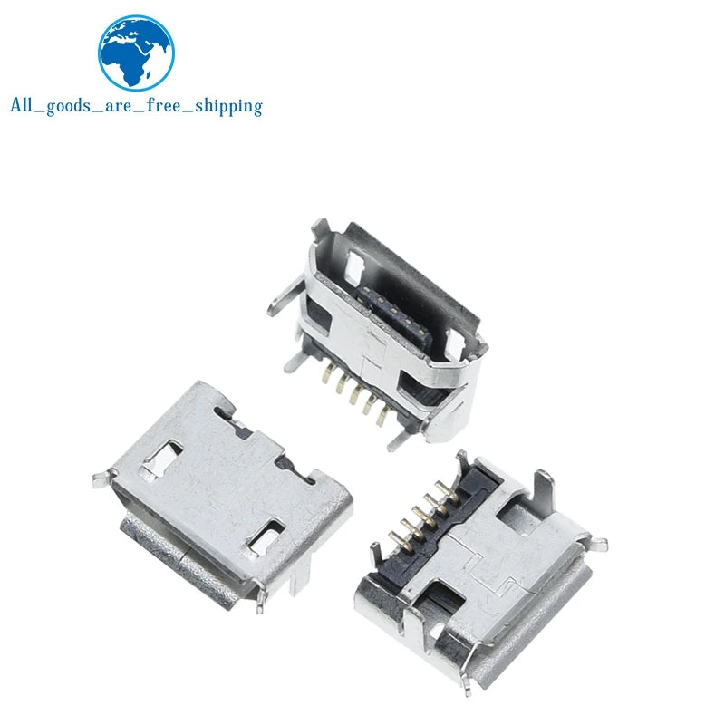 TZT 10pcs/100PCS Micro USB 5pin Female Usb Socket Flat mouth four legs socket mini usb connector