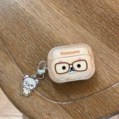 Korean Cute Rilakkuma Glasses Clear AirPods Case with Keychain for AirPods 1 2 3 4 Pro 2 Pro 3 Cute Shockproof Protective Cover