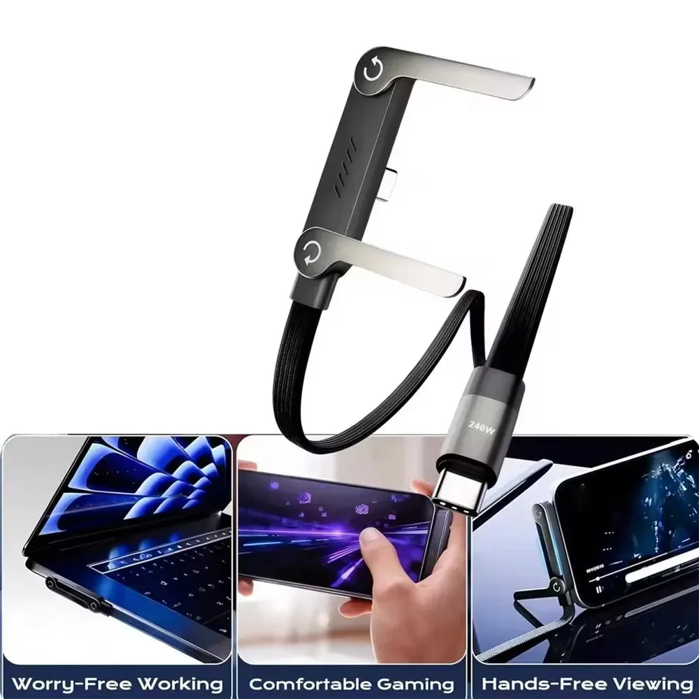 240W PD Fast Charging Type C to Type C Cable USB-C To Type-C Cable With Foldable Stand Phone Holder For HUAWEI iPhone 15 Xiaomi