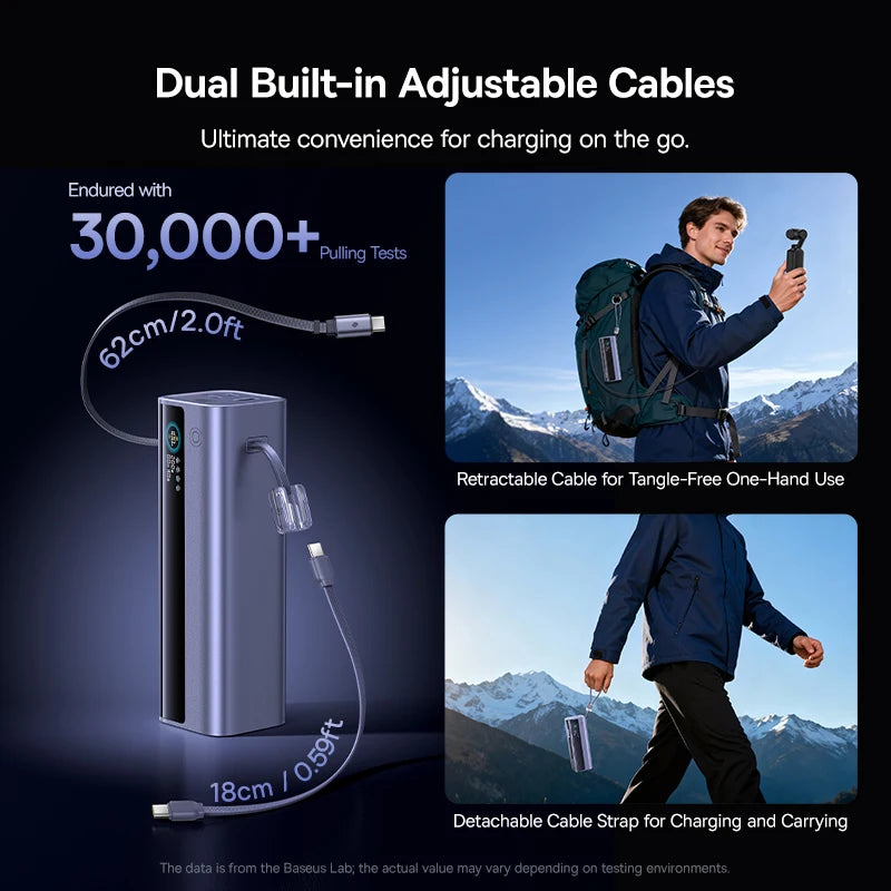 Baseus 200W 25000mAh Power Bank Dual Retractable USB-C Cables 4-Device Fast Charge Portable External Battery Charger For Laptop