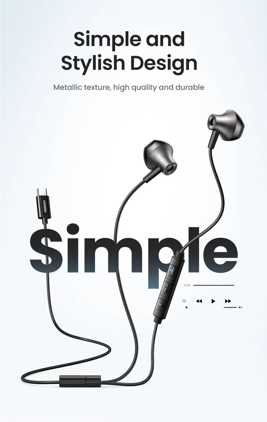 UGREEN Semi-open 3.5mm USB Type C Wired Earbuds with Microphone, Wired Earphones Headphones HiFi Stereo,For Most with 3.5mm Jack