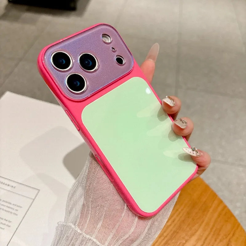 Fashion Dopamine Color-Block Phone Case for IPhone 18 Pro Max 17 16 15 14 Pro Max Candy-Color Glass Back Shockproof Phone Case