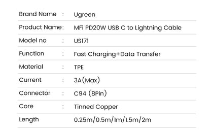 UGREEN MFi 20W PD USB C to Lightning Cable for iPhone 14 13 12 11 Fast Charging for Apple iPad Phone Charger 25cm 50cm 2m short