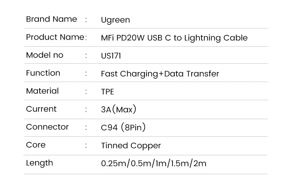 UGREEN MFi 20W PD USB C to Lightning Cable for iPhone 14 13 12 11 Fast Charging for Apple iPad Phone Charger 25cm 50cm 2m short