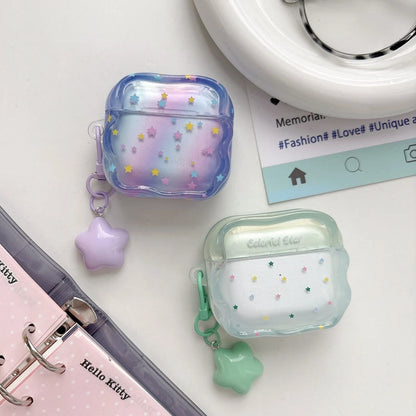 Dopamine Gradient Colorful Little Star Wavy Edge With Pendant Shock Proof Earphone Cover Case for AirPods 1 or 2 3 4 5 Pro 2 3