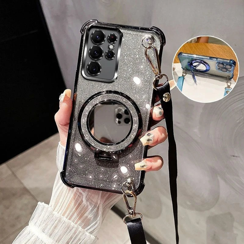 Crossbody Lanyard Glitter Shockproof Plating Case For Samsung Galaxy S25 S24 S23 S22 S21 S20 Ultra FE Plus Mirror Holder Cover