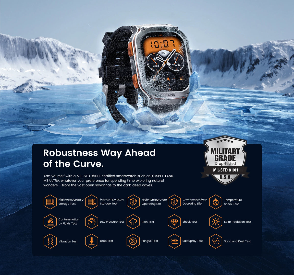 KOSPET TANK M3 Ultra GPS Smart Watch Men Military Grade Compass Altimeter Barometric 480mAh 60Day Battery IP69K 5ATM Waterproof