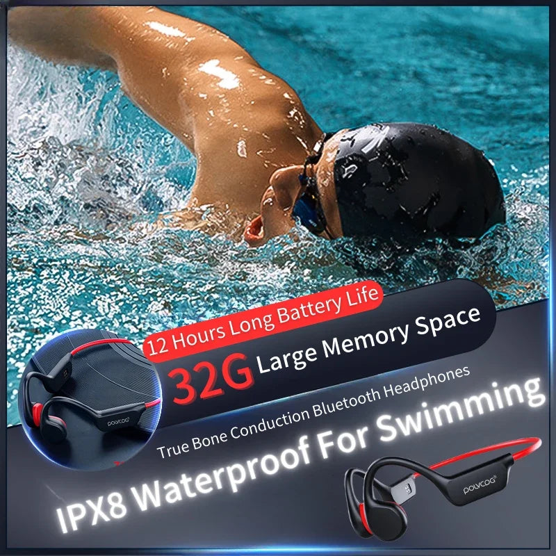 POLVCDG Bone Conduction Headset X7 IPX8 32GB Memory 5.3 Bluetooth Wireless Headset with Microphone Waterproof Swimming 2023new