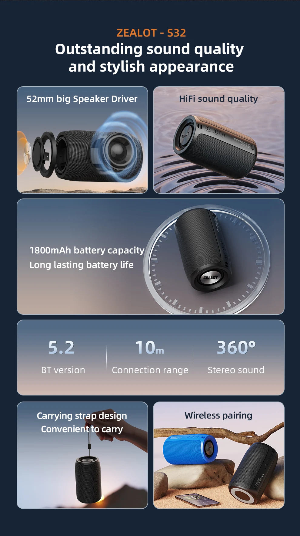 Zealot_S32 Wireless Bluetooth Speaker Mini Portable Subwoofer Speaker TWS Dual Pairing BT5.2 15W Wireless Speaker for Outdoor