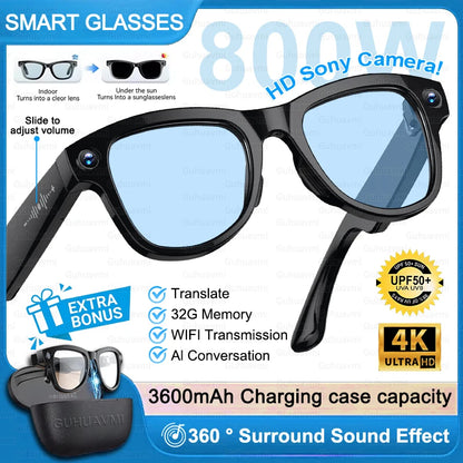 Next-Gen AI Smart Glasses 4K HD Video Recording 120+ Languages Translation 3600mAh Charging Case Bluetooth Call Music Sunglasses