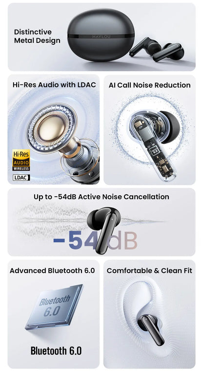 HAYLOU Flowbuds N50 ANC Bluetooth 6.0 Wireless Earphones Active Noise Cancellation 6 Mics AI Claer Call Earbuds 32H Playtime
