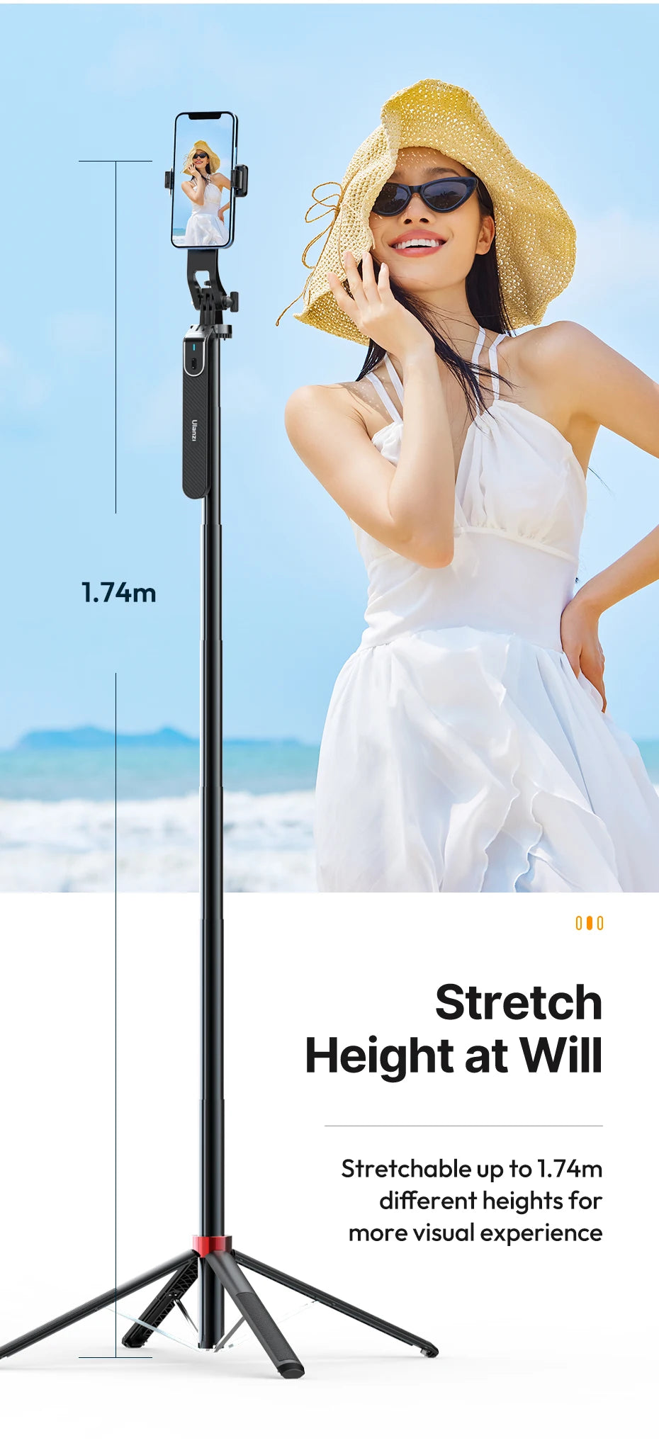 Ulanzi MA09 1.74m Selfie Stick Tripod for iPhone 17 15 Android Phone w Remote Control Panoramic Ball Head Holder U200 VL49 Kit