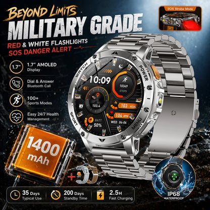 Ultra Large 1400mAh Battery Sport Smartwatch 1.7” Heart Rate Tactical Strong Flashlight 5ATM Waterproof Call Smart Watch For Men