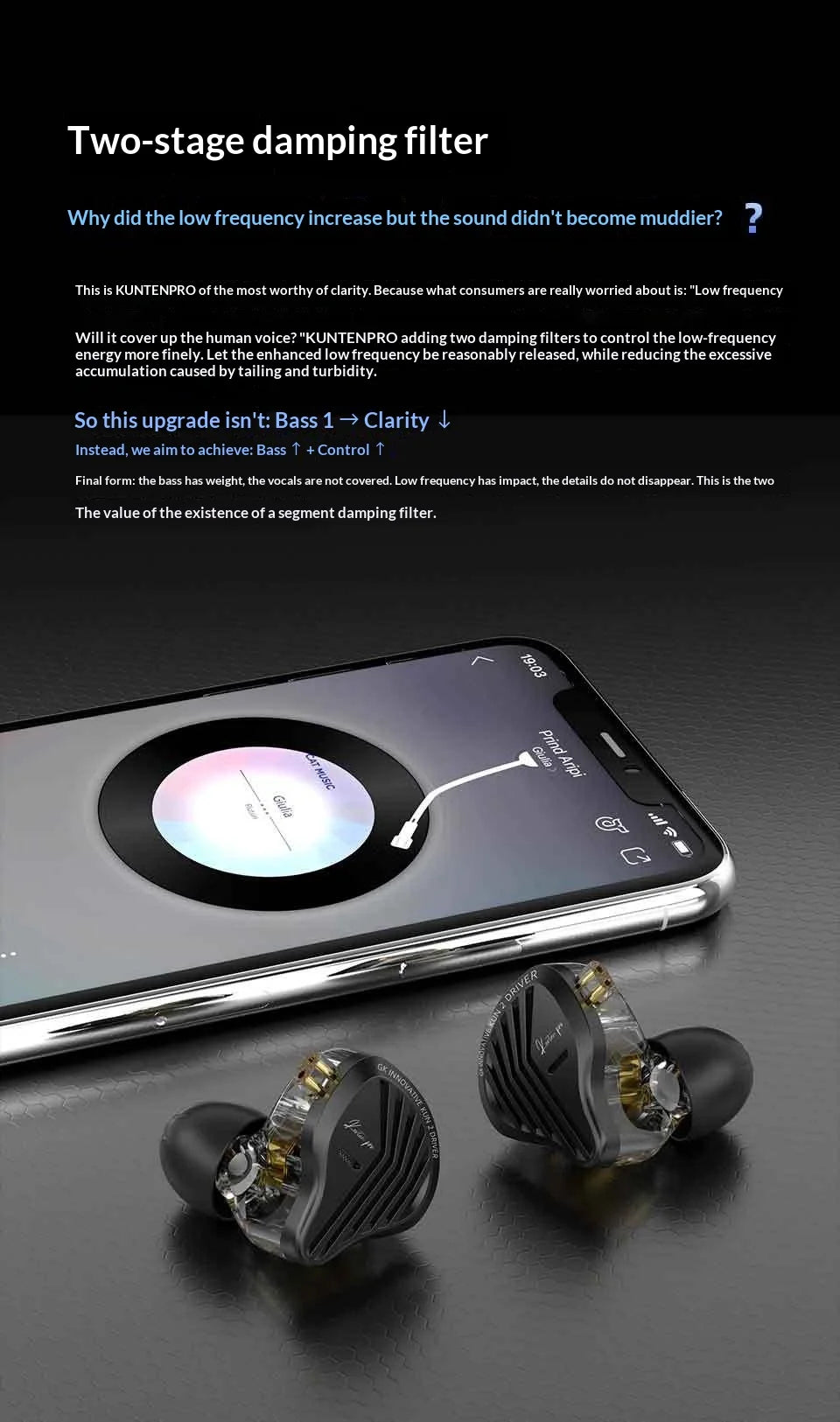 GK KUNTEN PRO HiFi In Ear Earphones Second Generation Dynamic Driver Long Stroke Bass Wired Headset For Music Audiophile