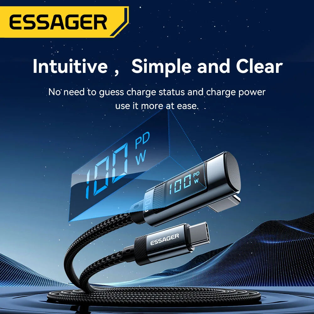 Essager PD100W USB Type C Cable 90 Degree 5A Fasting Charing For iPhone Xiaomi Samsung Huawei Laptops LED Digital Display Cable