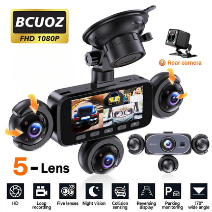 BCUOZ 360° Dashcam 5-Lens 1080P Front 720P Rear Left Right Car Cameras Super Night Vision G-Sensor WDR Loop Recording 12-24V Plug Power Supply Optional 64GB Memory Card
